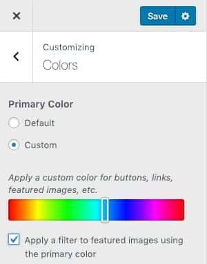 The WordPress customizer with a primary color selection