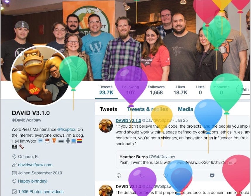Twitter profile screenshot on my birthday