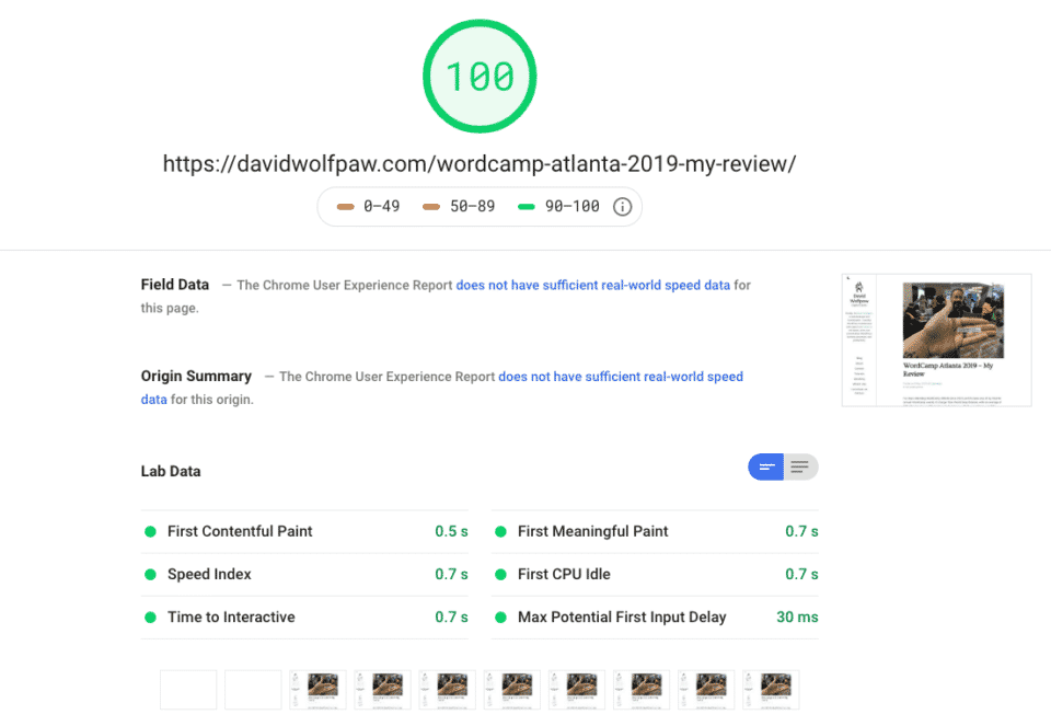 Google PageSpeed Insights score for this article