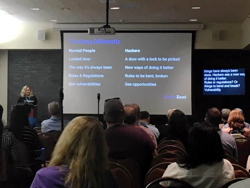 Kathy Zant delivering her presentation "The Hacking Mindset: How Beating WordPress Hackers Taught Me to Overcome Obstacles & Innovate" at WordCamp Boston 2019