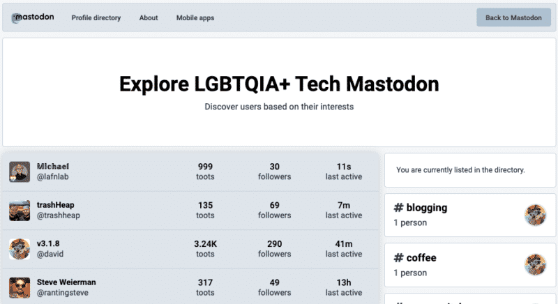 profile directory of tech.lgbt Mastodon instance