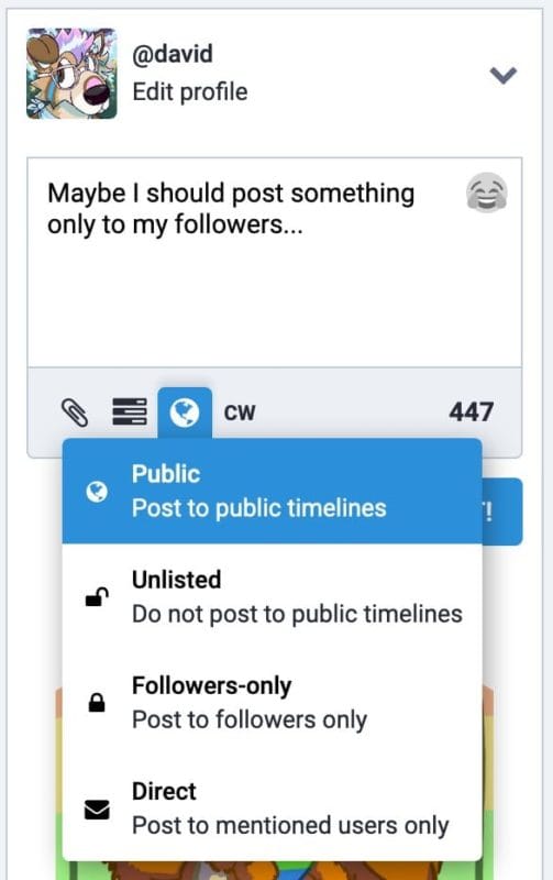 screenshot of Mastodon posting interface with post visibility setting toggled visible