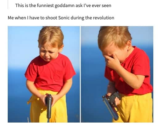 screenshot of two pictures of a child holding a gun and crying with the text "Me when I have to shoot Sonic during the revolution"
