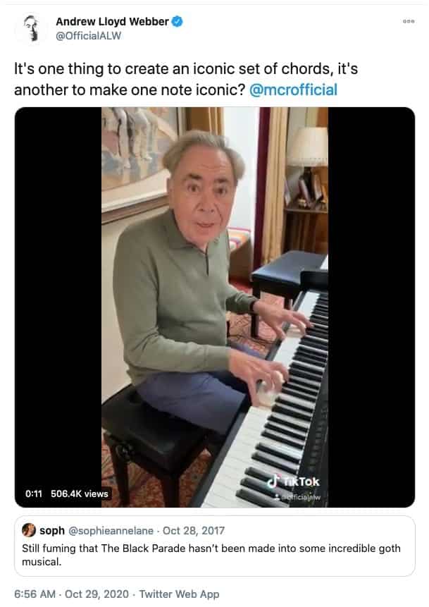 tweet from Andrew Lloyd Webber that reads, "It's one thing to create an iconic set of chords, it's another to make one note iconic? @mcrofficial"