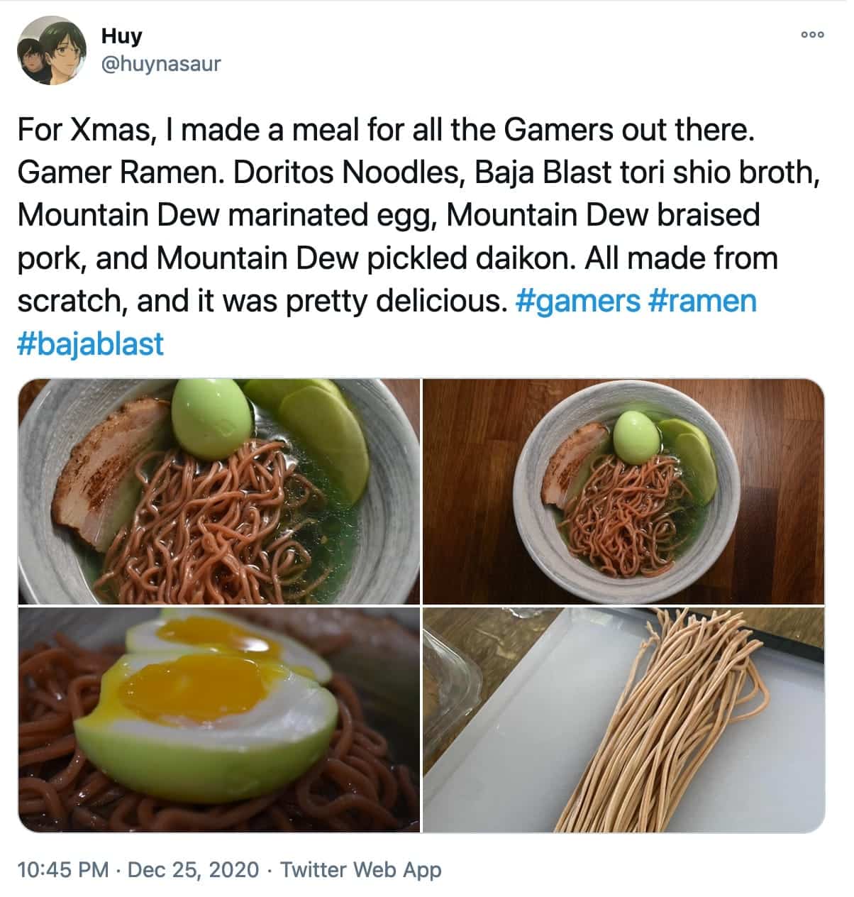 a tweet with pictures of ramen in green broth and a green egg that reads,