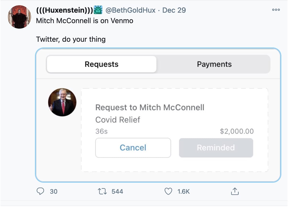 a screenshot of a Venmo request for $2000 to Mitch McConnell with the text