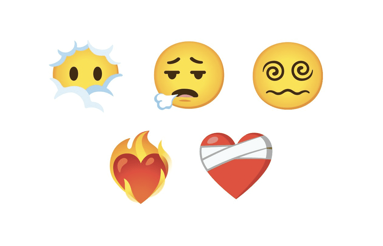 New 2021 emoji from top left to lower right: face in clouds, face exhaling, face with spiral eyes, heart on fire, mending heart