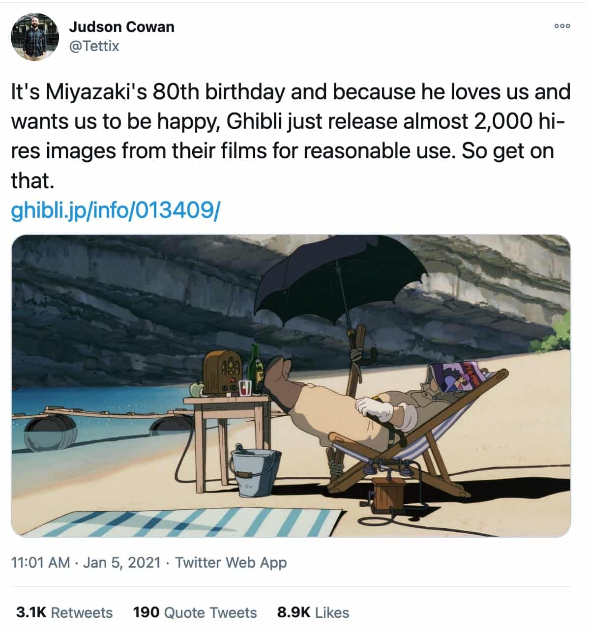 screenshot of tweet from @Tettix that reads  It's Miyazaki's 80th birthday and because he loves us and wants us to be happy, Ghibli just release almost 2,000 hi-res images from their films for reasonable use. So get on that. https://ghibli.jp/info/013409/