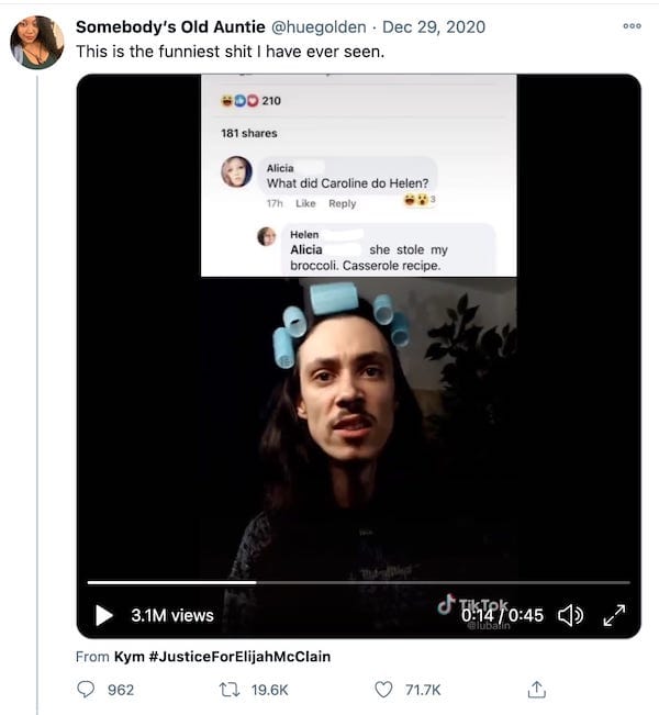 screenshot of a tweet from @huegolden that reads "This is the funniest shit I have ever seen." and a video of a funny social media TikTok