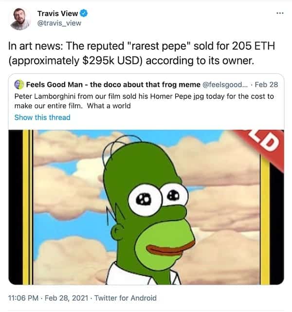 screenshot of a tweet by @travis_view that reads "In art news: The reputed "rarest pepe" sold for 205 ETH (approximately $295k USD) according to its owner."