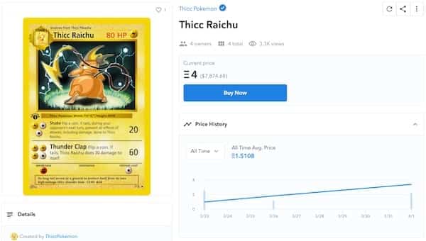 screenshot of an NFT sale page for a Thicc Raichu Pokémon card