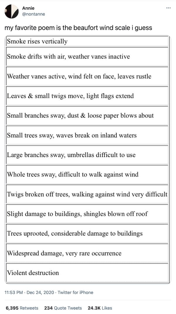 screenshot of a tweet from @nontanne which reads "my favorite poem is the beaufort wind scale i guess". Screenshot of one column out of a table. The cells of the table are: Smoke rises vertically Smoke drifts with air, weather vanes inactive Leaves & small twigs move, light flags extend Small branches sway, dust & loose paper blows about Small trees sway, waves break on inland waters Large branches sway, umbrellas difficult to use Whole trees sway, difficult to walk against wind Twigs broken off trees, walking against wind very difficult, Slight damage to buildings, shingles blown off roof Trees uprooted, considerable damage to buildings Widespread damage, very rare occurrence Violent destruction