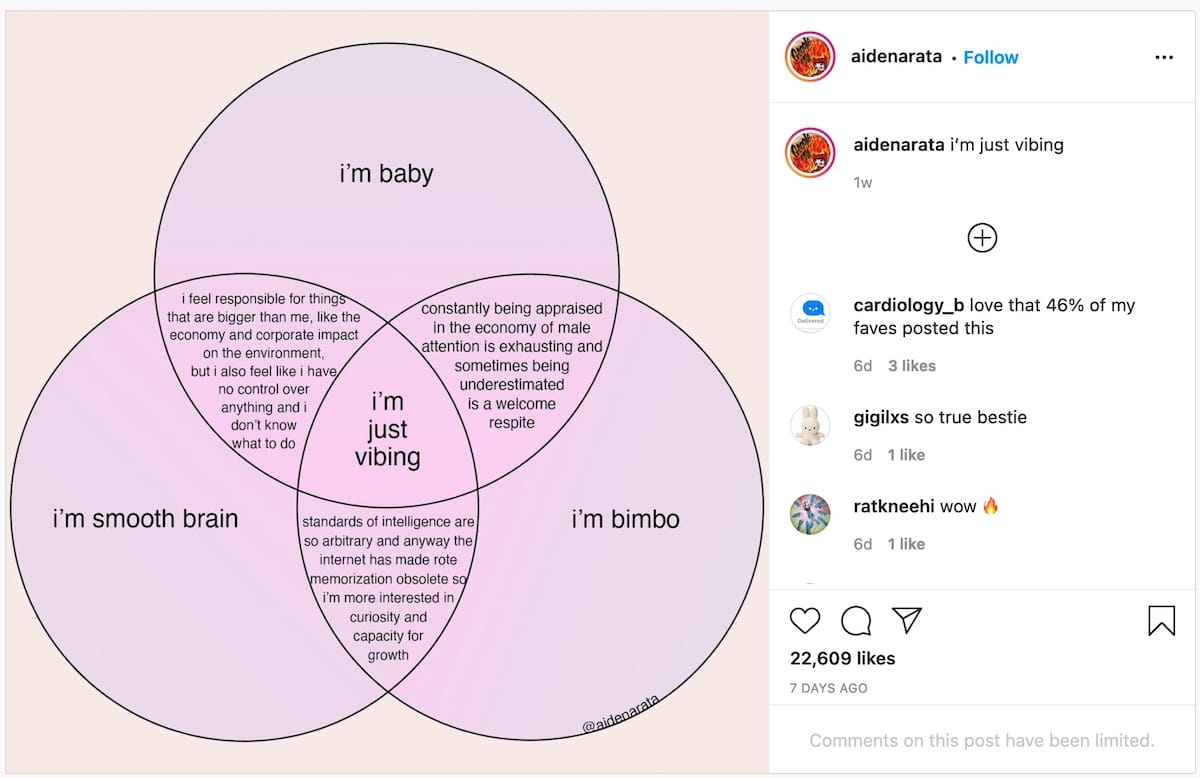 screenshot of Instagram post showing a venn diagram of "i'm baby", "i'm bimbo", and "i'm smooth brain", with "i'm just vibing" in the middle