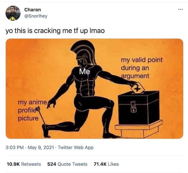 screenshot of a tweet from @Snorlhey that reads "yo this is cracking me tf up lmao". The picture shows a nude Roman soldier with an arrow in his heel putting a ballot in a locked box. The ballot is captioned "my valid point during an argument", and the arrow in heel is captioned "my anime profile picture"