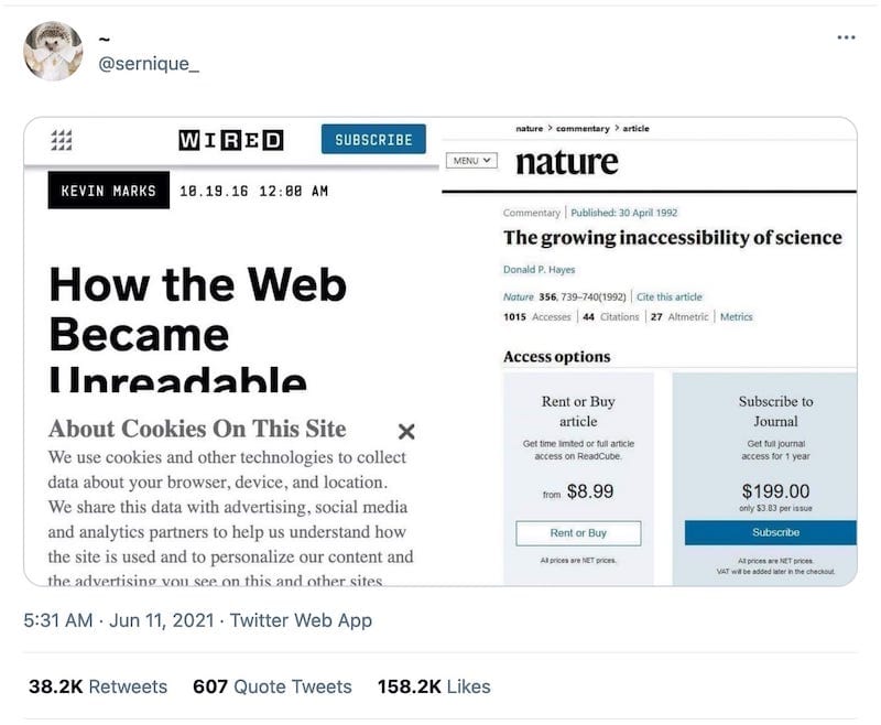 screenshot of a tweet from @sernique_ that shows a Wired article and a Nature article showing the hypocrisy of them talking about the web being unreadable and science being inaccessible