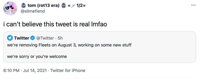 tweet from @slimefiend that reads "i can't believe this tweet is real lmfao" and is a quote tweet of @Twitter that reads "we're removing Fleets on August 3, working on some new stuff

we're sorry or you're welcome"