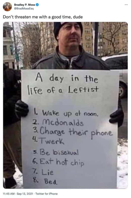 a screenshot of a tweet by @BradMossEsq that reads, "Don’t threaten me with a good time, dude". The picture in the tweet shows a man holding a sign that reads "A day in the life of a leftist. 1. wake up at noon. 2. Mcdonalds 3. Charge their phone 4. Twerk 5. Be bisexual 6. Eat hot chip 7. Lie 8. Bed."