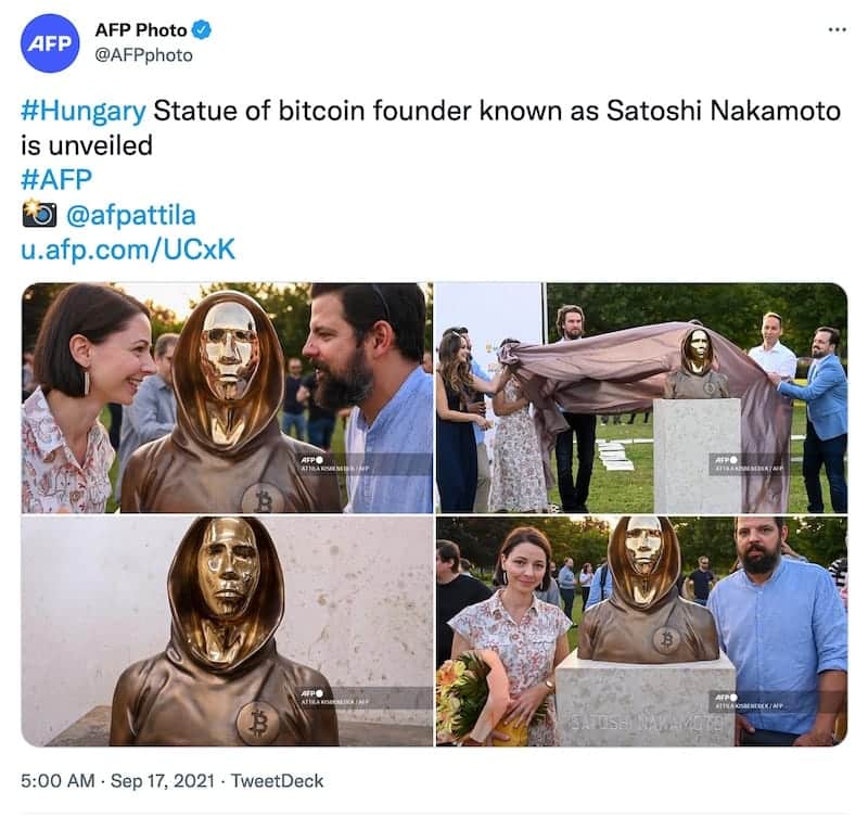tweet from @AFPphoto that reads "#Hungary Statue of bitcoin founder known as Satoshi Nakamoto is unveiled
#AFP"