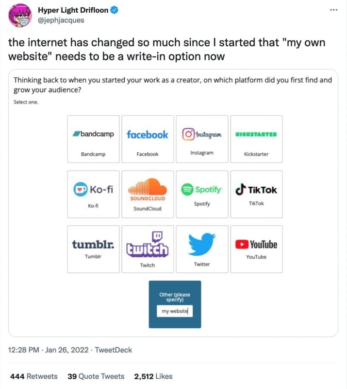 tweet from @jephjacques that reads, "the internet has changed so much since I started that "my own website" needs to be a write-in option now". There is a screenshot of a questionnaire that reads "Thinking back to when you started your work as a creator, on which platform did you first find and grow your audience?", and a series of platforms for creation, but not personal websites.
