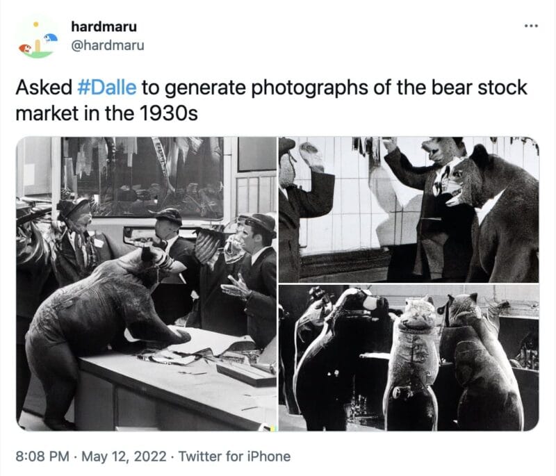 A tweet from @hardmaru that reads, "Asked #Dalle to generate photographs of the bear stock market in the 1930s". The tweet includes three black and white computer generated pictures of literal bears in stock market situations