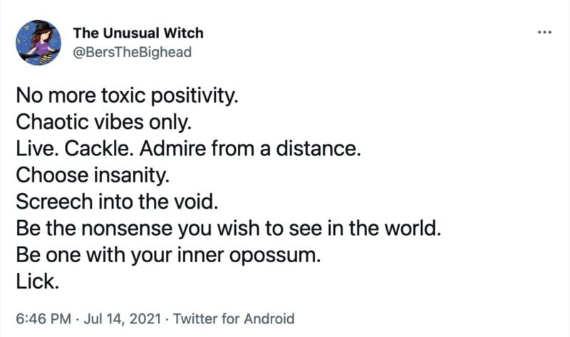 tweet from @BersTheBighead that reads, "No more toxic positivity.
Chaotic vibes only.
Live. Cackle. Admire from a distance.
Choose insanity.
Screech into the void.
Be the nonsense you wish to see in the world.
Be one with your inner opossum.
Lick."