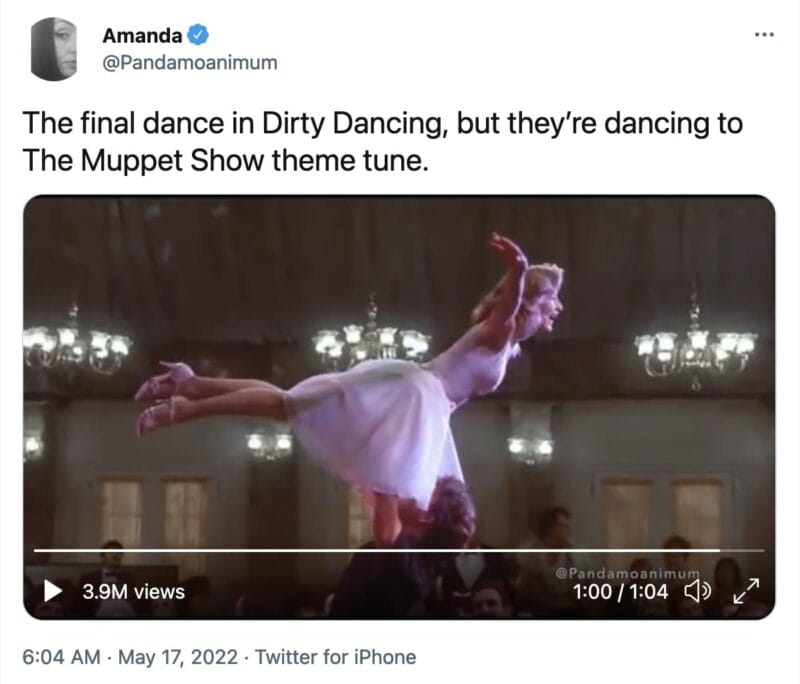 tweet from @Pandamoanimum that reads, "The final dance in Dirty Dancing, but they’re dancing to The Muppet Show theme tune." The attached video is the described scene.