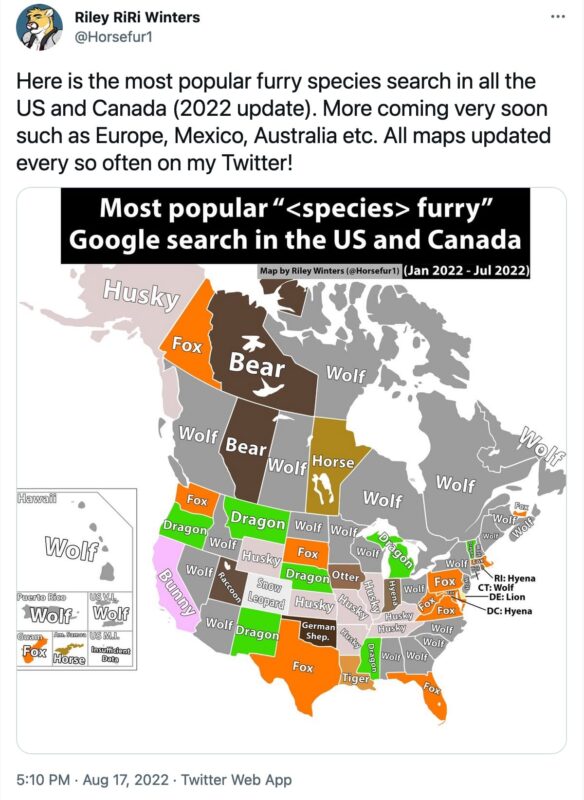 tweet from @Horsefur1 that reads, "Here is the most popular furry species search in all the US and Canada (2022 update). More coming very soon such as Europe, Mexico, Australia etc. All maps updated every so often on my Twitter!"

The tweet includes an image of the US and Canada showing popular furry species in each region.