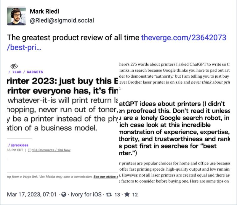 A Mastodon post from @Riedl@sigmoid.social that reads, "The greatest product review of all time", with screenshots from a printer review from The Verge